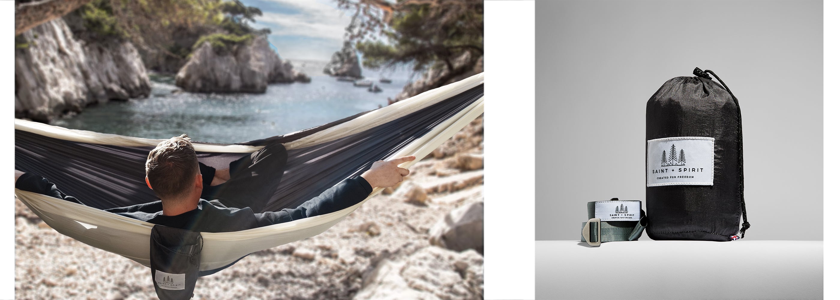 Person relaxing in a Saint and Spirit Astral hammock by a scenic lakeside with a close-up of a branded hammock bag.